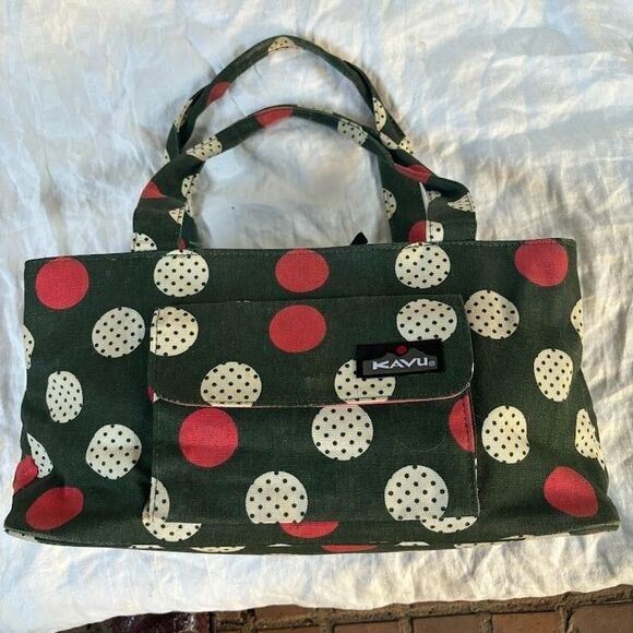 KAVU Polka Dot Canvas  SATCHEL SHOULDER BAG Green White Red - Picture 1 of 8